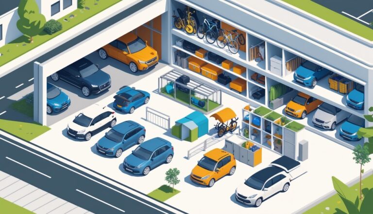 A driveway and garage area with cars parked and various storage solutions like shelves, lockers, and bike racks near a self storage unit, showing organized space and protected vehicles.