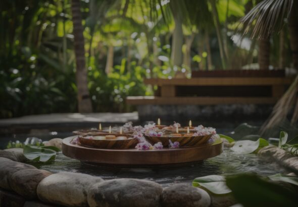 Wooden bowls with floating candles and flowers in a tranquil spa pool