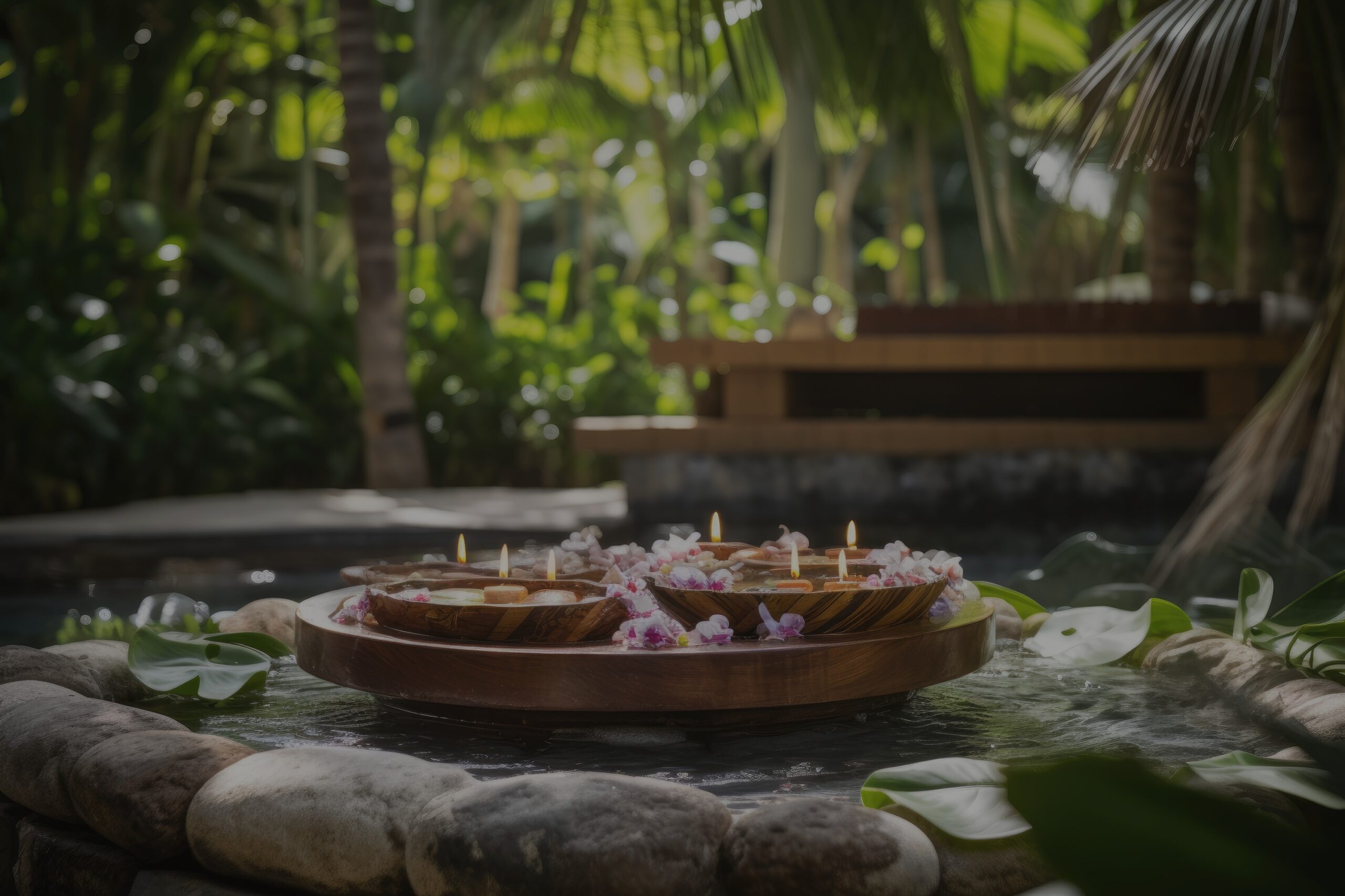 Wooden bowls with floating candles and flowers in a tranquil spa pool